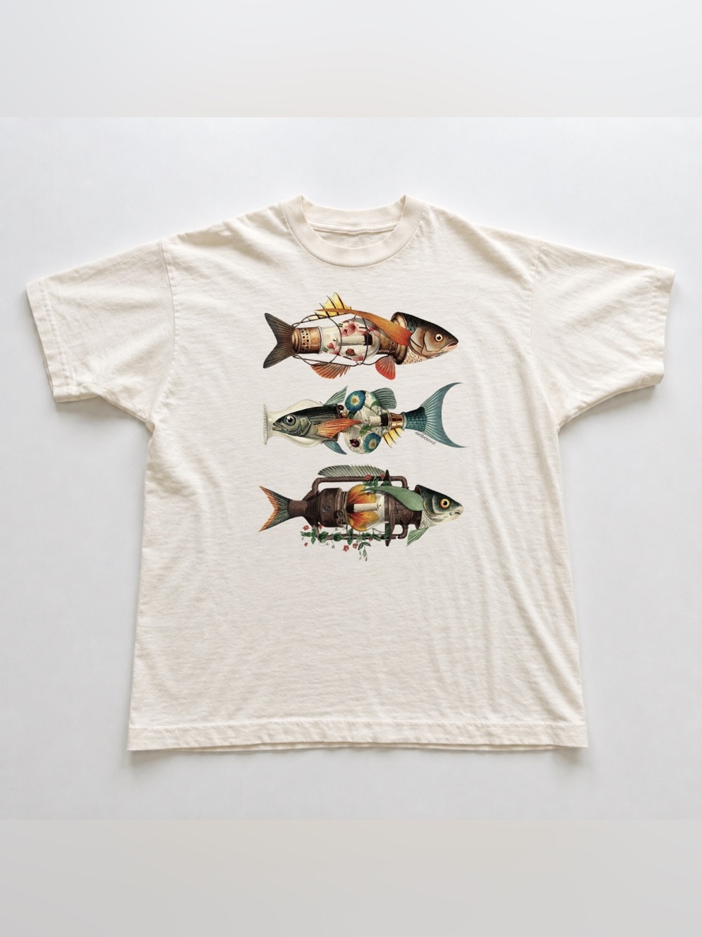 Off White Short Sleeve Tee with Colorful Fish Collage
